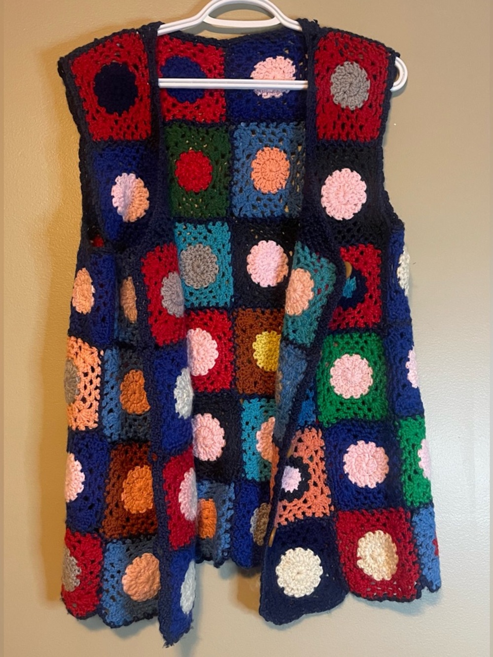 Handmade Granny Square Boho Chunky Knit Button Down Vest